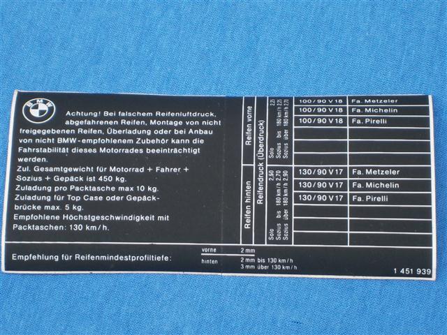 Hinweisschild Reifendruck unter Sitzbank K.-Modelle ab 85 Restposten